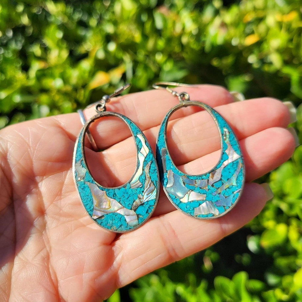 Vintage Alpaca Mexico Silver Turquoise Abalone Teardrop Hoop Earrings Blue
